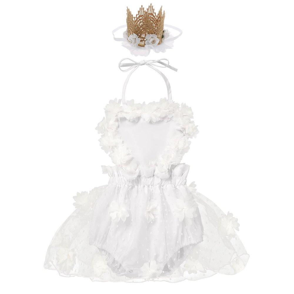 Baby Girls 1st Birthday Outfit Floral Lace Romper Ruffle Short Sleeve Backless Princess Party Tutu Dress Crown Headband Cake Smash Clothes for Photo Shoot 2Pcs Sets White 3D Flower 0-6 Months