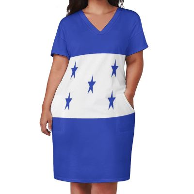 Adugen Origei Honduras Flag Loose Pocket Dress Womens Dresses Summer Dress for Women Casual T-Shirt Dress L
