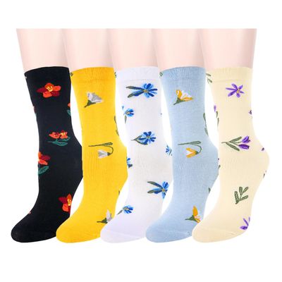 Benefeet Sox Womens Girls Crew Socks Novelty Cute Floral Socks Flower Patterned Colorful Graphic Designed Dress Sock Mid Calf Cotton, 5 Pack- Orchid