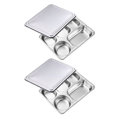 GANAZONO Stainless Steel Divided Plate with Lid 11.02X8.66X1.65In Five Grids Bento Food Compartment Tray for Home Meals Outdoor Camping and Picnics Set of 2