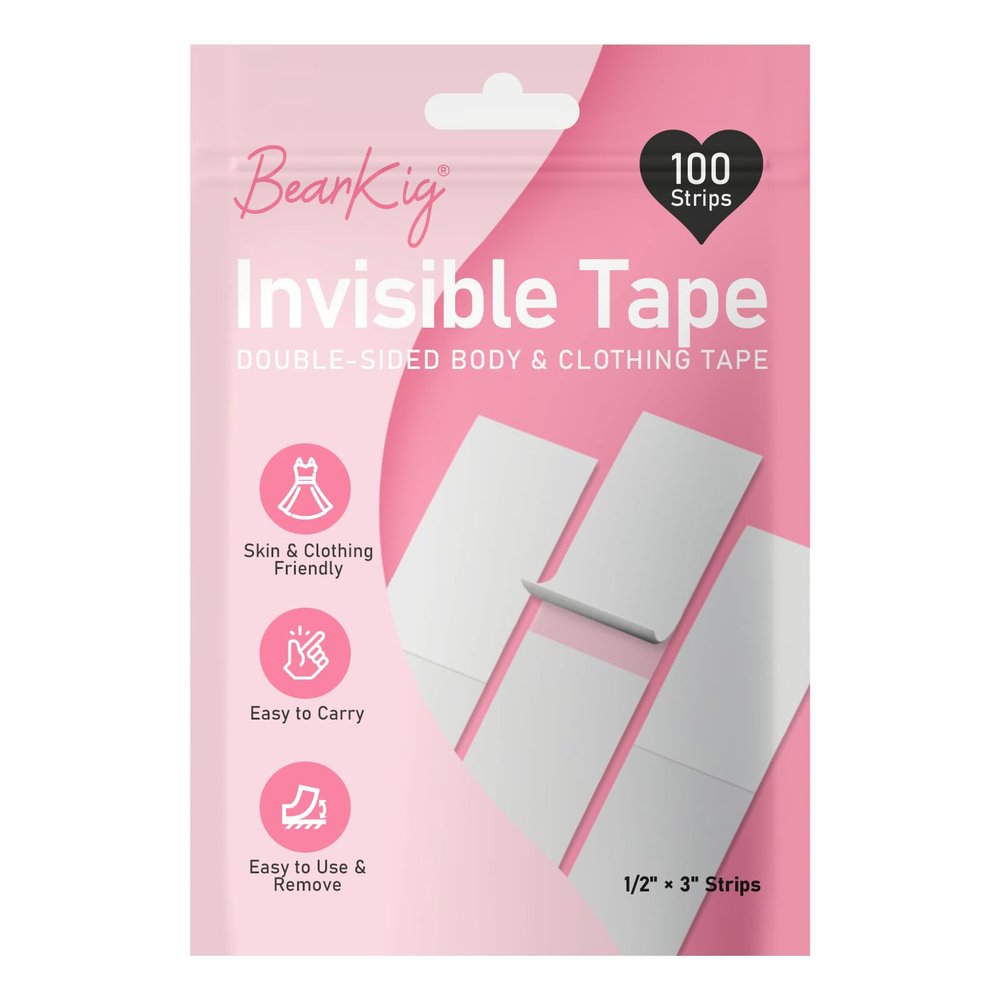 BearKig 100-Strips Double-Sided Tape for Fashion, Invisible Clear Fabric Tape for Clothing & Body with All Day Strength, Hypoallergenic for Sensitive Skin