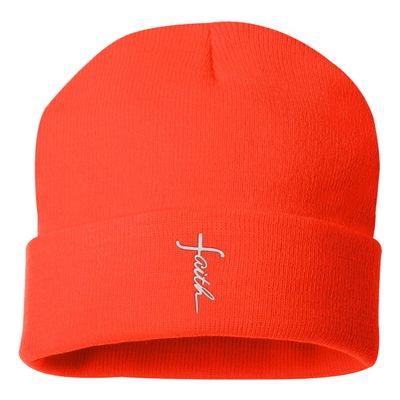 One Size Blaze Orange Cuffed Faith Cross Letters Christian Jesus Embroidered Cuffed Knit Beanie Cap