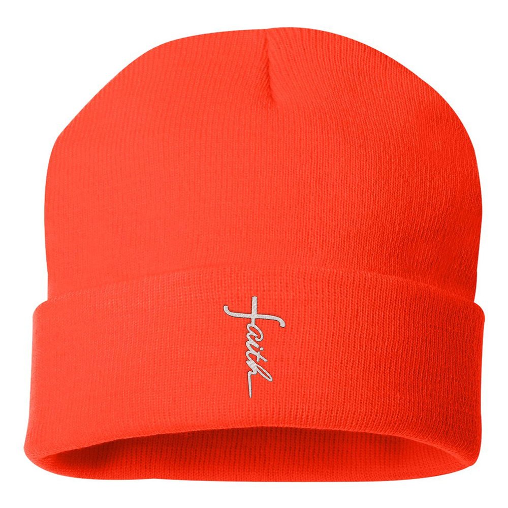 One Size Blaze Orange Cuffed Faith Cross Letters Christian Jesus Embroidered Cuffed Knit Beanie Cap