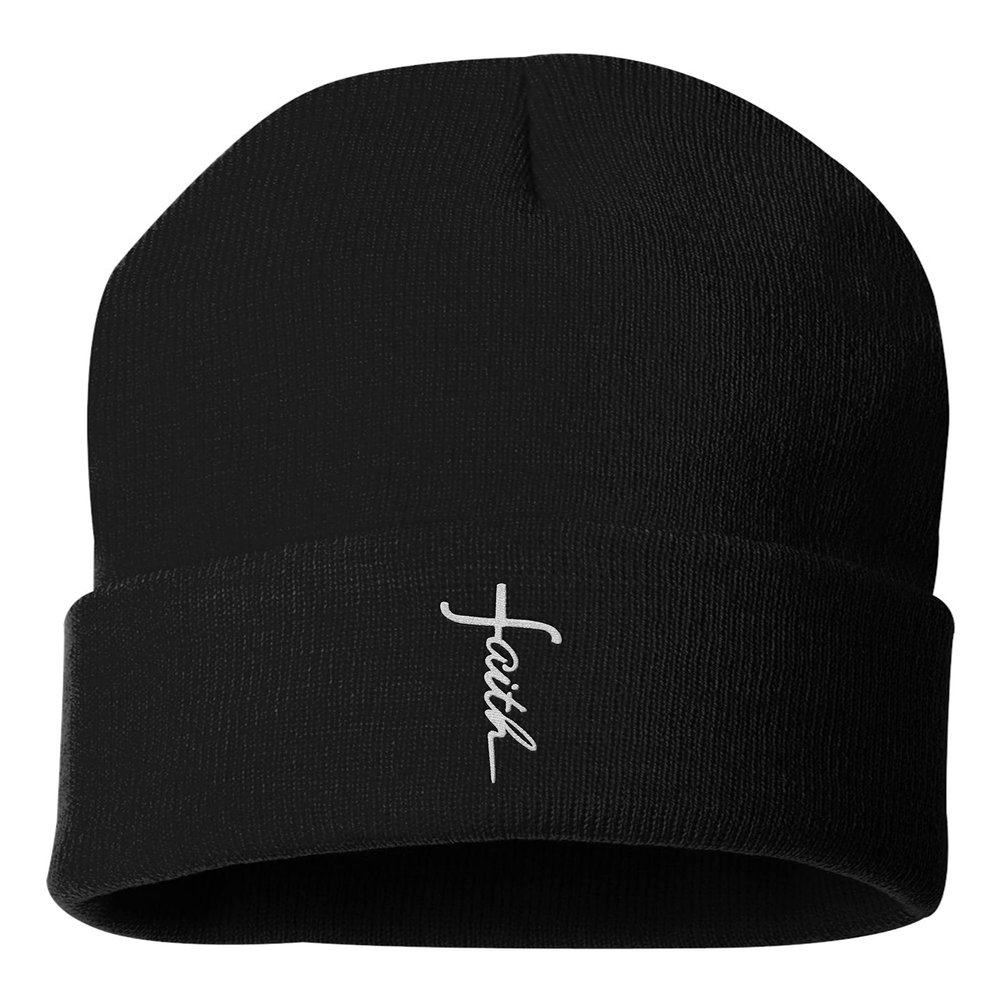 One Size Black Cuffed Faith Cross Letters Christian Jesus Embroidered Cuffed Knit Beanie Cap