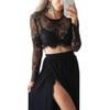 Sexy Lace Sheer Mesh Crop Tops for Women Long Sleeve Mesh Lace Trim Shirt Sheer See Through Top Blouse Cover Up Bikini Tee (Black, S) view 1