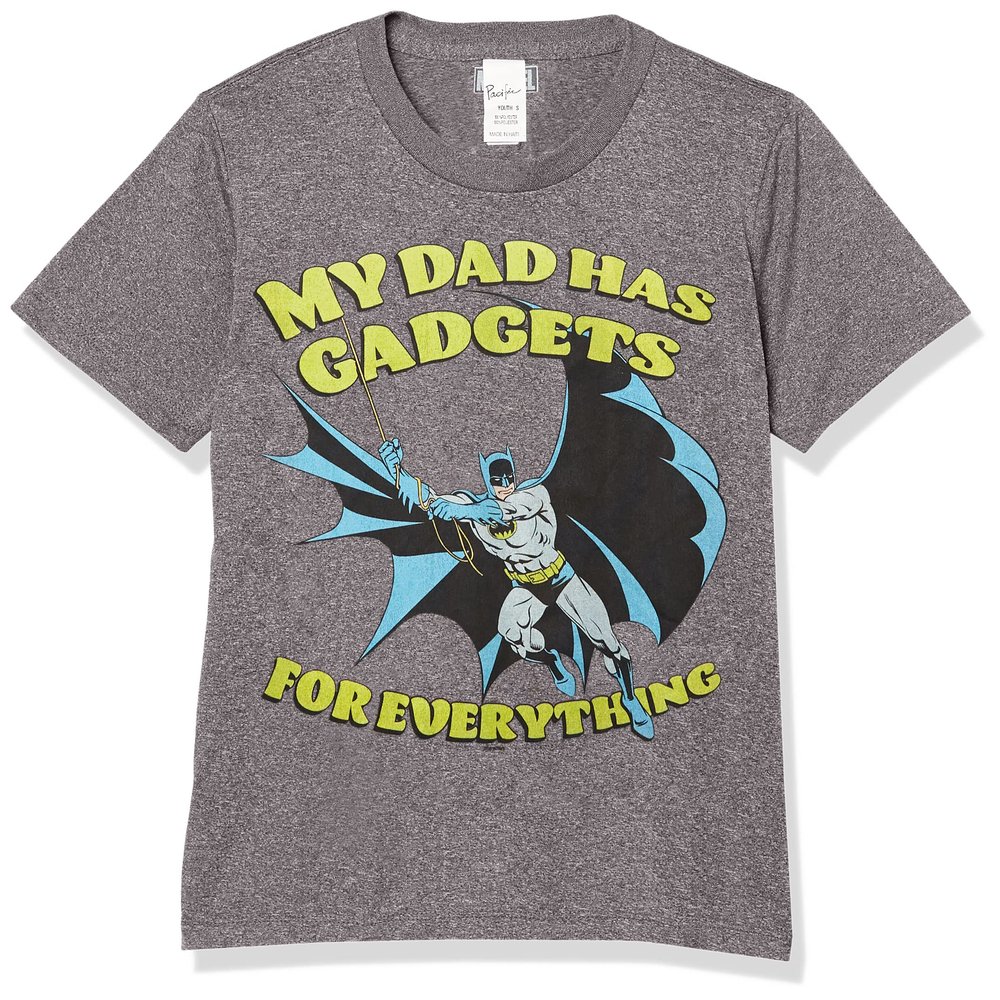 DC Comics Batman Dad of Gadgets Boys Short Sleeve Tee Shirt, Charcoal Heather, Large