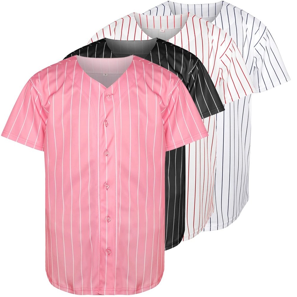 Blank Baseball Button Down Jersey Plain Short Sleeve Hipster Hip Hop T Shirts Jersey (XX-Large, Pink-Stripe)