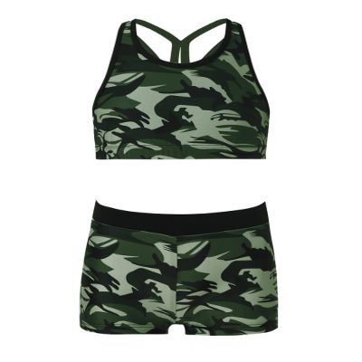 Daenrui Kids Girls 2 Piece Sports Gymnastics Dance Outfits Crop Tank Top with Booty Shorts Active Workout Sets Camouflage 16 Years