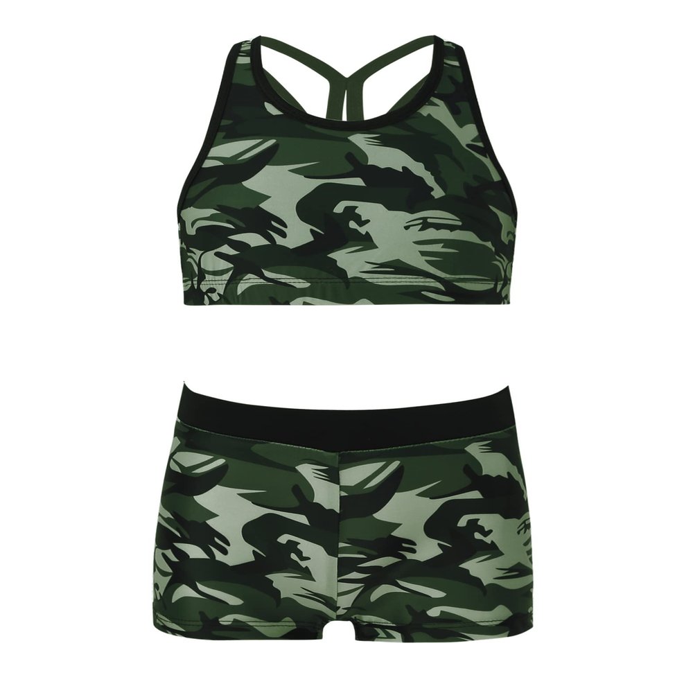 Daenrui Kids Girls 2 Piece Sports Gymnastics Dance Outfits Crop Tank Top with Booty Shorts Active Workout Sets Camouflage 16 Years