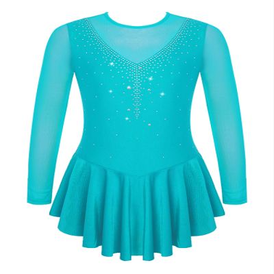 Agoky Kid Girls Shiny Figure Ice Skating Dress Long Sleeve Gymnastic Leotard Dress Roller Skater Ballet Dance Dress Dancewear Lake Green 9-10 Years