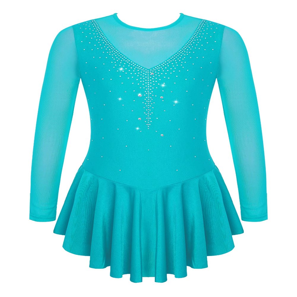 Agoky Kid Girls Shiny Figure Ice Skating Dress Long Sleeve Gymnastic Leotard Dress Roller Skater Ballet Dance Dress Dancewear Lake Green 9-10 Years