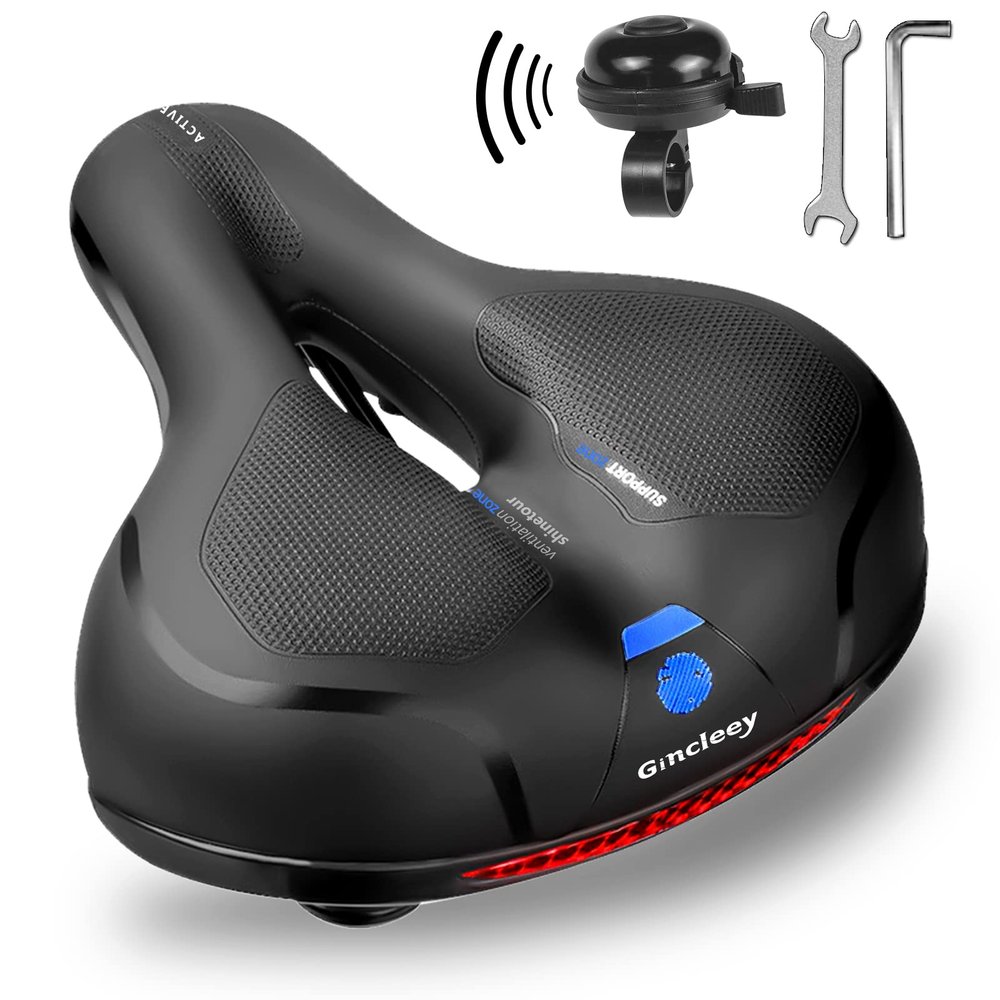 Gincleey Comfort Bike Seat for Women Menwith Bell Wide Bicycle Saddle Replacement Memory Foam Padded Soft Bike Cushion with Dual Shock Absorbing Universal Fit for Indoor/Outdoor