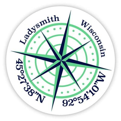 Ladysmith Wisconsin 2-Inch Vinyl Decal Sticker Latitude Longitude Compass Design
