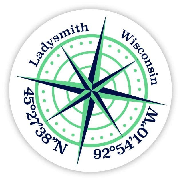 Ladysmith Wisconsin 2-Inch Vinyl Decal Sticker Latitude Longitude Compass Design