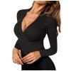 Womens Sexy Deep V Neck Wrap Tops Long Sleeve Low Cut Pleated Criss Cross Wrap Shirts Ribbed Knit Slim Fit Tunic Tops Black
