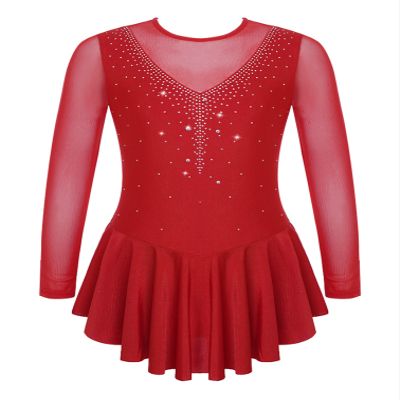 Agoky Kid Girls Shiny Figure Ice Skating Dress Long Sleeve Gymnastic Leotard Dress Roller Skater Ballet Dance Dress Dancewear Burgundy 9-10 Years