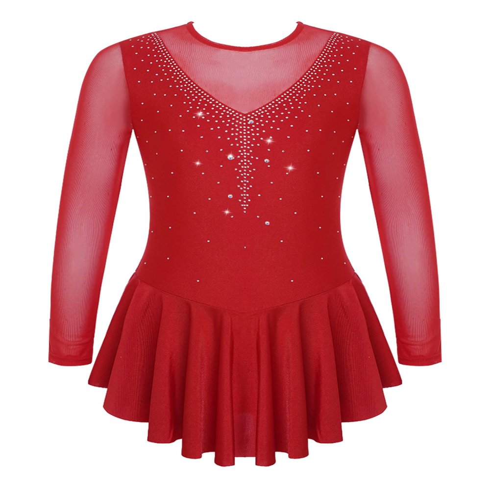 Agoky Kid Girls Shiny Figure Ice Skating Dress Long Sleeve Gymnastic Leotard Dress Roller Skater Ballet Dance Dress Dancewear Burgundy 9-10 Years