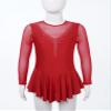 Agoky Kid Girls Shiny Figure Ice Skating Dress Long Sleeve Gymnastic Leotard Dress Roller Skater Ballet Dance Dress Dancewear Burgundy 9-10 Years view 2