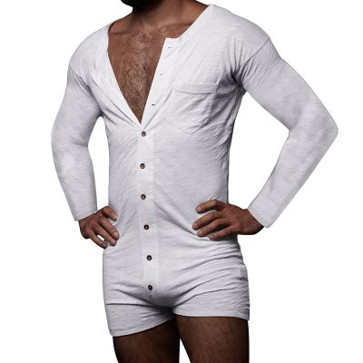 snowshine Mens Onesie Sexy Henley Jumpsuit Long Sleeve Button Down Shorts Romper Stretchy Lounge One Piece Pajamas White