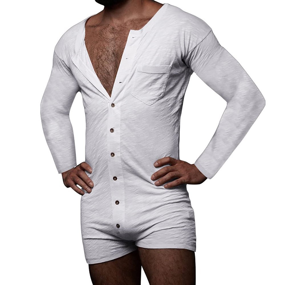 snowshine Mens Onesie Sexy Henley Jumpsuit Long Sleeve Button Down Shorts Romper Stretchy Lounge One Piece Pajamas White