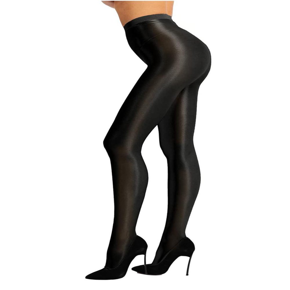 RUNQHUI Womens Shimmery Tummy Control Stretchy Pantyhose Glossy Silk Footed Stockings Tights Sheer Clubwear Black One_Size