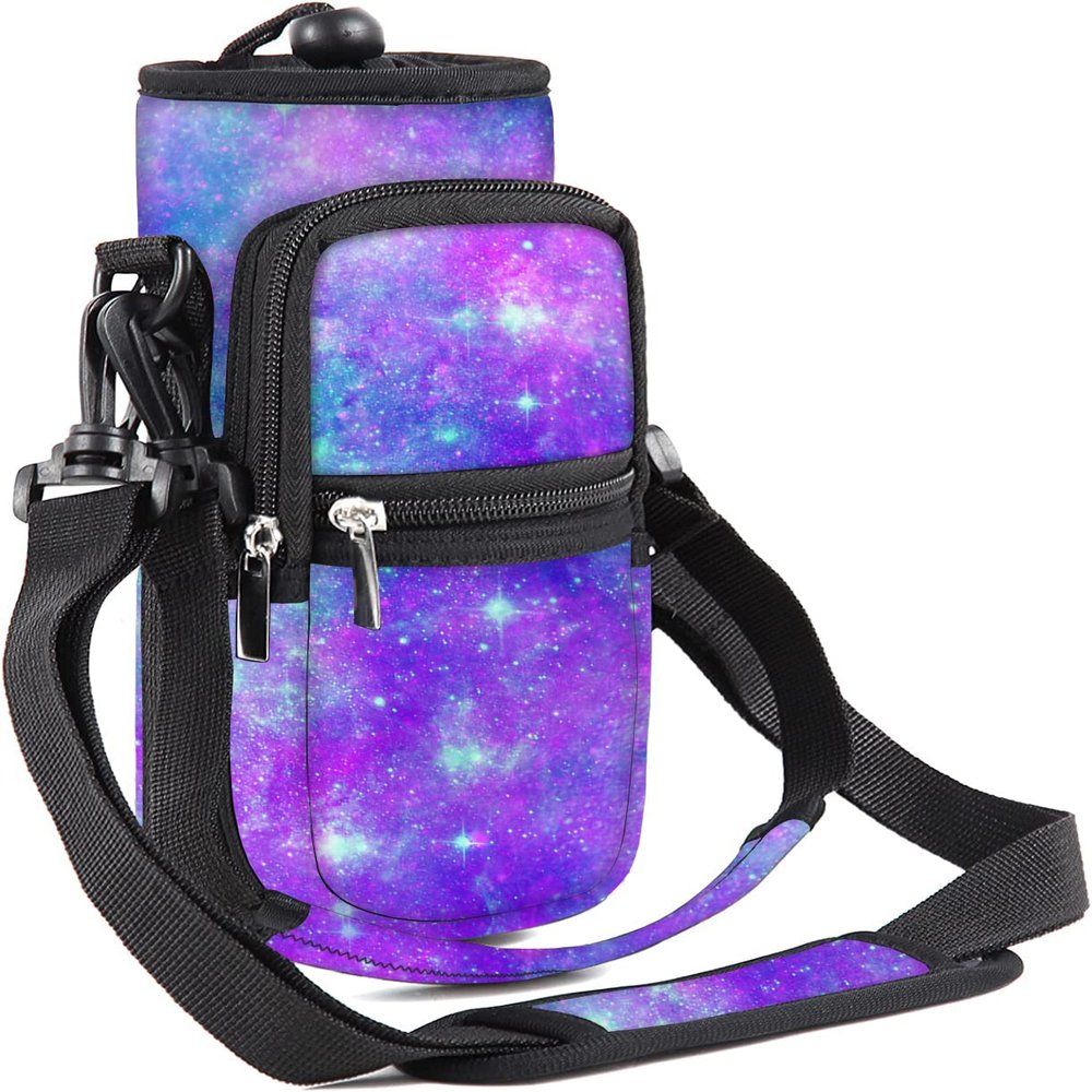 AORTDES 25/32/40/64oz Water Bottle Bag Holder Carrier-Insulated Crossbody Sling Case Sleeve with Strap & Pockets for Men Women Gym Cycling Travel Walking Hiking Camping (Purple Galaxy, 32oz)
