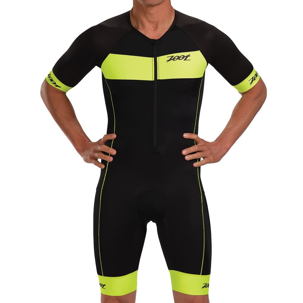 Zoot Mens Core Aero Tri Racesuit  Short Sleeve Triathlon Suit for Men, Italian Primo Fabric, 3 Pockets, and Bike Padding (Safety Yellow, XX-Large)