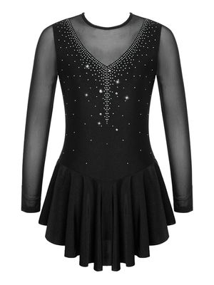 Agoky Kid Girls Shiny Figure Ice Skating Dress Long Sleeve Gymnastic Leotard Dress Roller Skater Ballet Dance Dress Dancewear Black 9-10 Years