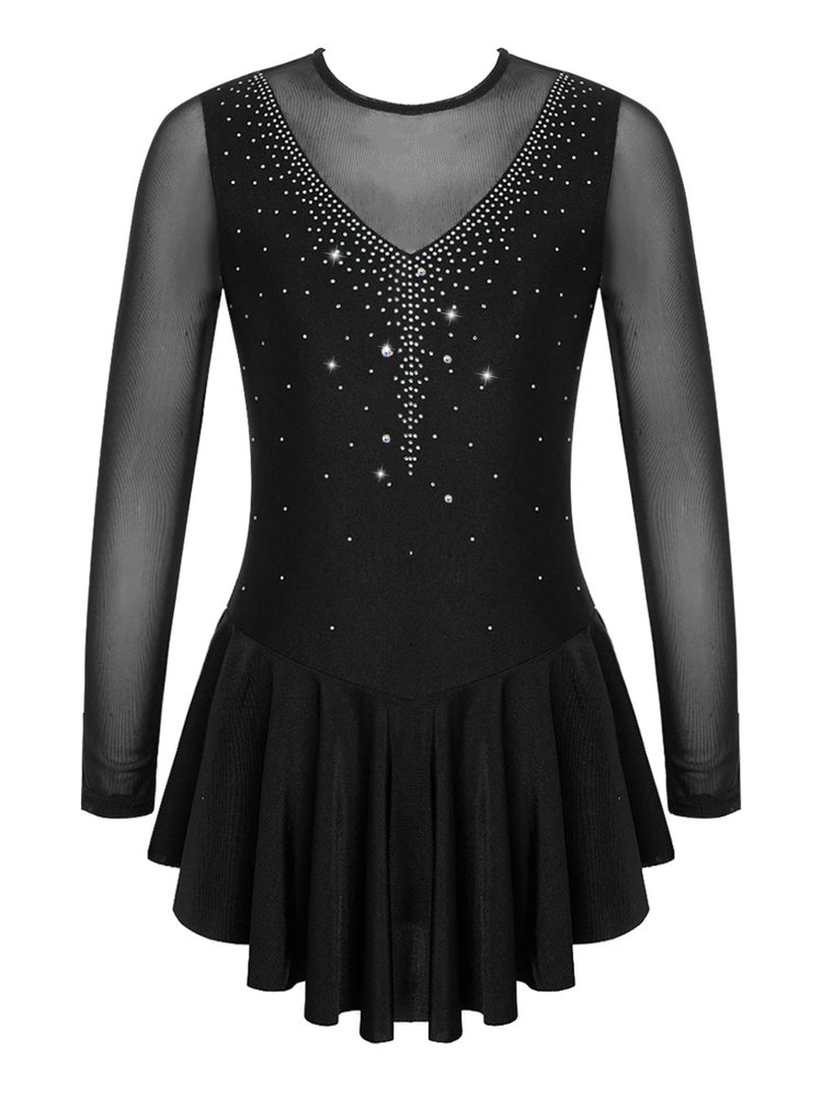 Agoky Kid Girls Shiny Figure Ice Skating Dress Long Sleeve Gymnastic Leotard Dress Roller Skater Ballet Dance Dress Dancewear Black 9-10 Years
