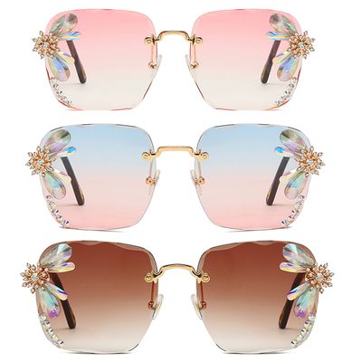Vintage Rimless Square Rhinestone Sunglasses Women Retro Cutting Lens Luxury Bling Diamond Sun Glasses Female Party Eyewear (3pcs-pink&pink blue&brown)