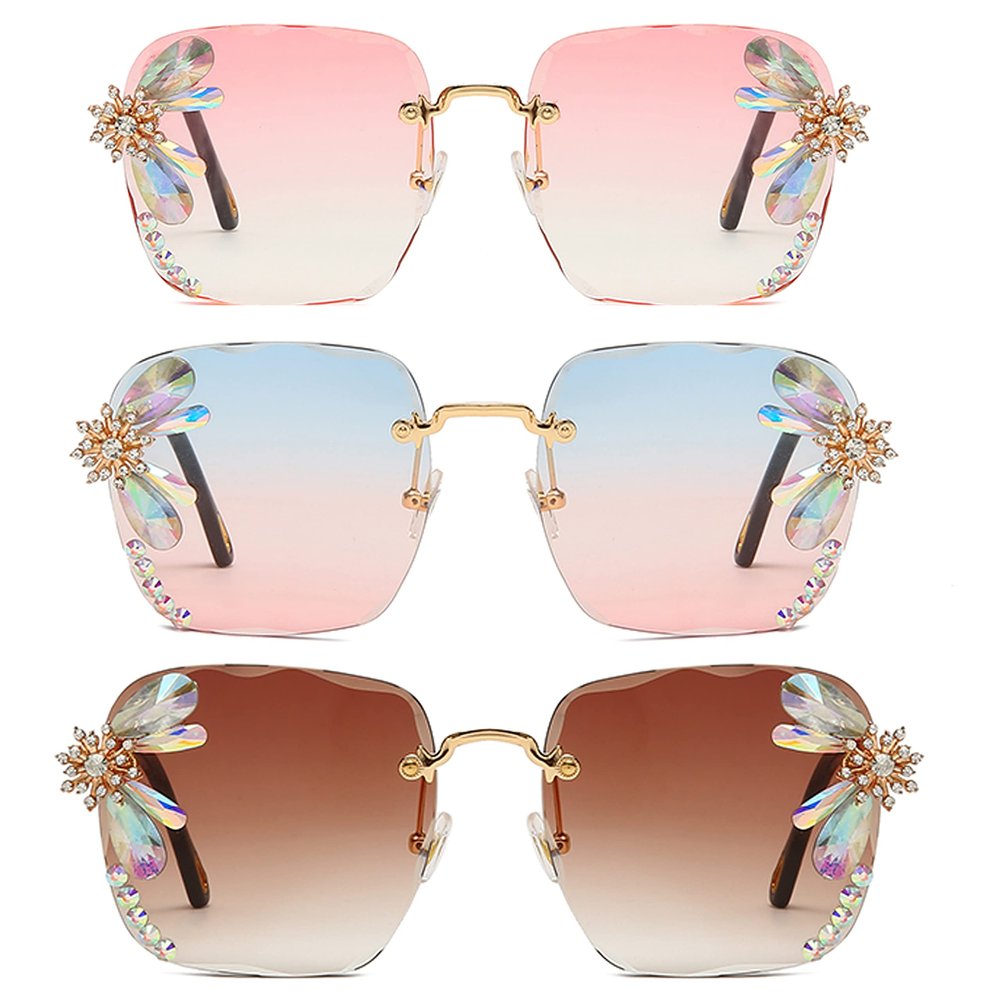 Vintage Rimless Square Rhinestone Sunglasses Women Retro Cutting Lens Luxury Bling Diamond Sun Glasses Female Party Eyewear (3pcs-pink&pink blue&brown)