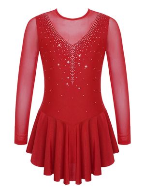 Agoky Kid Girls Shiny Figure Ice Skating Dress Long Sleeve Gymnastic Leotard Dress Roller Skater Ballet Dance Dress Dancewear Burgundy 11-12 Years