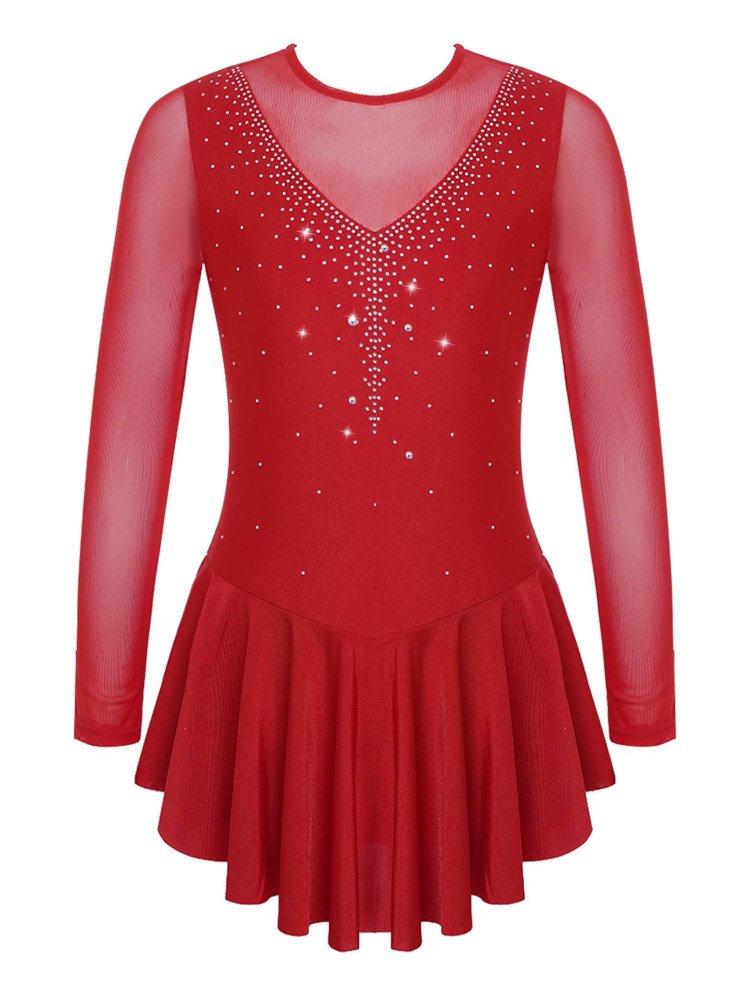 Agoky Kid Girls Shiny Figure Ice Skating Dress Long Sleeve Gymnastic Leotard Dress Roller Skater Ballet Dance Dress Dancewear Burgundy 11-12 Years