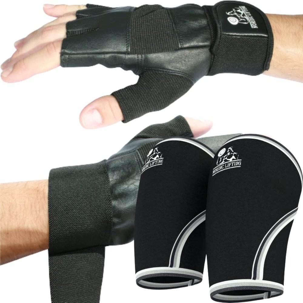 Nordic Lifting Gym Gloves XSmall - Black Bundle with Knee Sleeves Large - Black