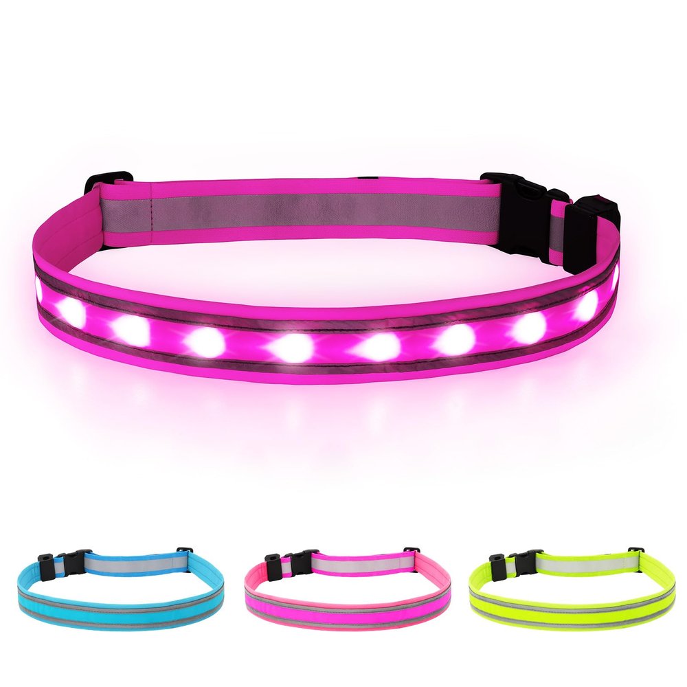BSEEN LED Running Belt - USB Rechargeable Reflective Gear Glowing Light Up Waistband, Flashing Safety Lights for Runners, Joggers, Walkers, Pet Owners, Cyclists (Candy Pink)