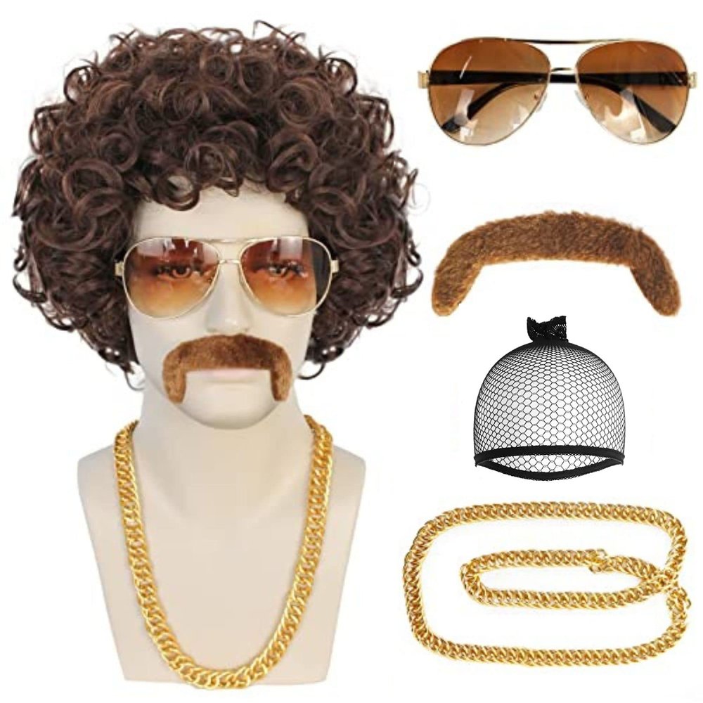 ANOGOL+Hair Cap+Mustache+Necklace+Glasses 5Pcs Afro Wig for Men Short Brown Curly Wigs Disco 70'S Wigs for Men 80'S Costumes for Jerry Curly Afro Wig Rocker Costume Halloween Christmas Party