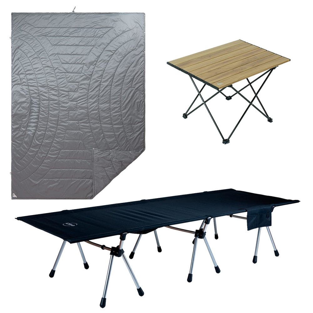 iClimb 1 Two Heights Super Easy Assemble Cot and 1 3M Thinsulate Insulation Warm Camping Blanket and 1 Folding Table Bundle, Ultralight Compact for Solo Adult Backpacking Camping Hiking Motorcycling I