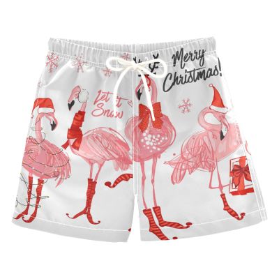 Aflyko Boys' Board Shorts Flamingo Christmas Pink Swim Trunk Girls Bathing Suit Little Kid Swimwear XS