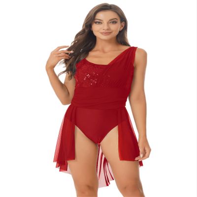 TiaoBug Women's Adult Lyrical Dance Dress Sparkly Sequins Sleeveless Mesh Skirted Leotard Dancewear Burgundy A Large