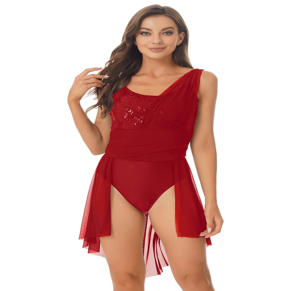 TiaoBug Women's Adult Lyrical Dance Dress Sparkly Sequins Sleeveless Mesh Skirted Leotard Dancewear Burgundy A Large