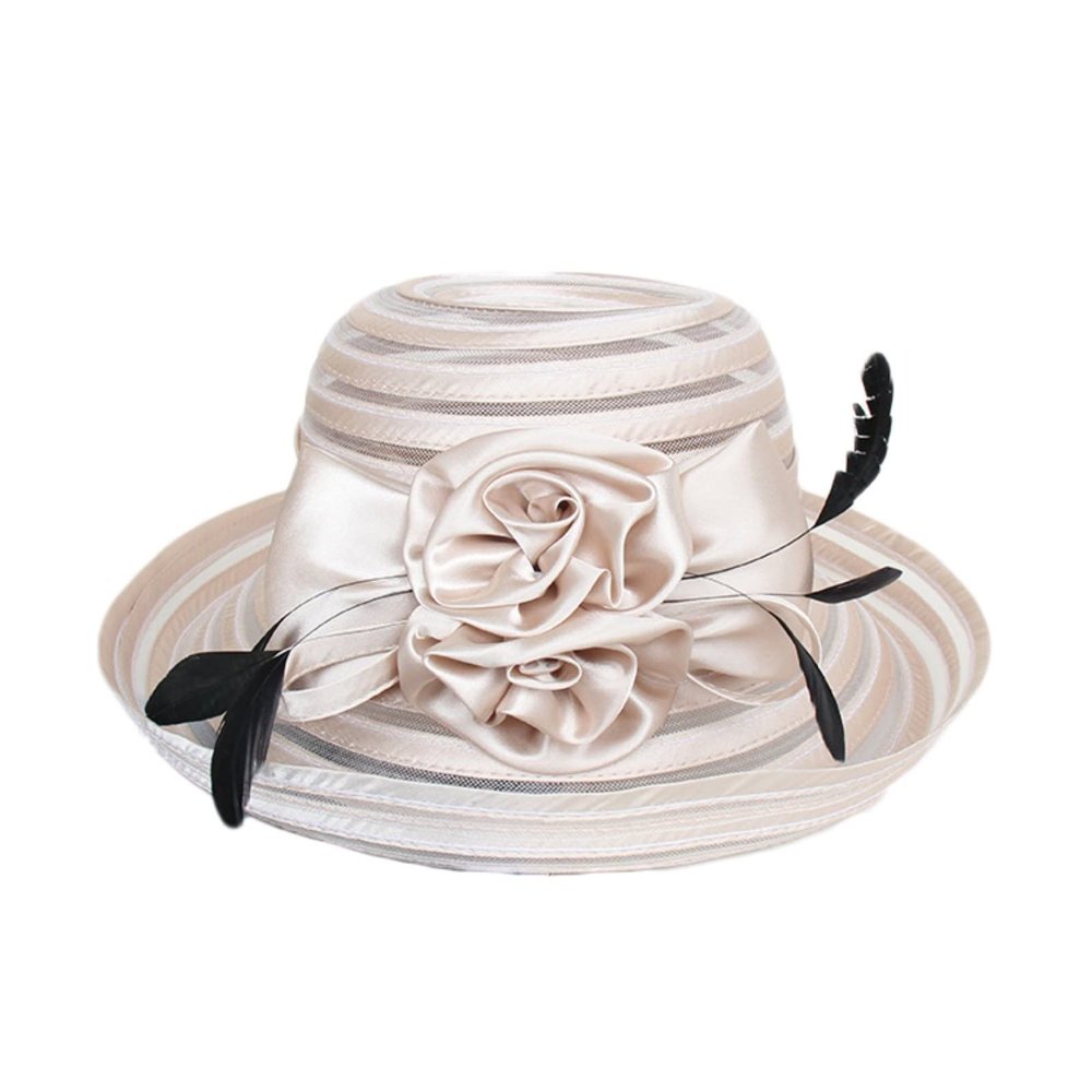 Grafken Ladies Holiday Curling Sun Hat European and American Temperament Flower Wedding Top Hat Female Summer Cloth Mesh Sunscreen Sun Hat Top Hat (Color : Beige, Size : 57-58cm)