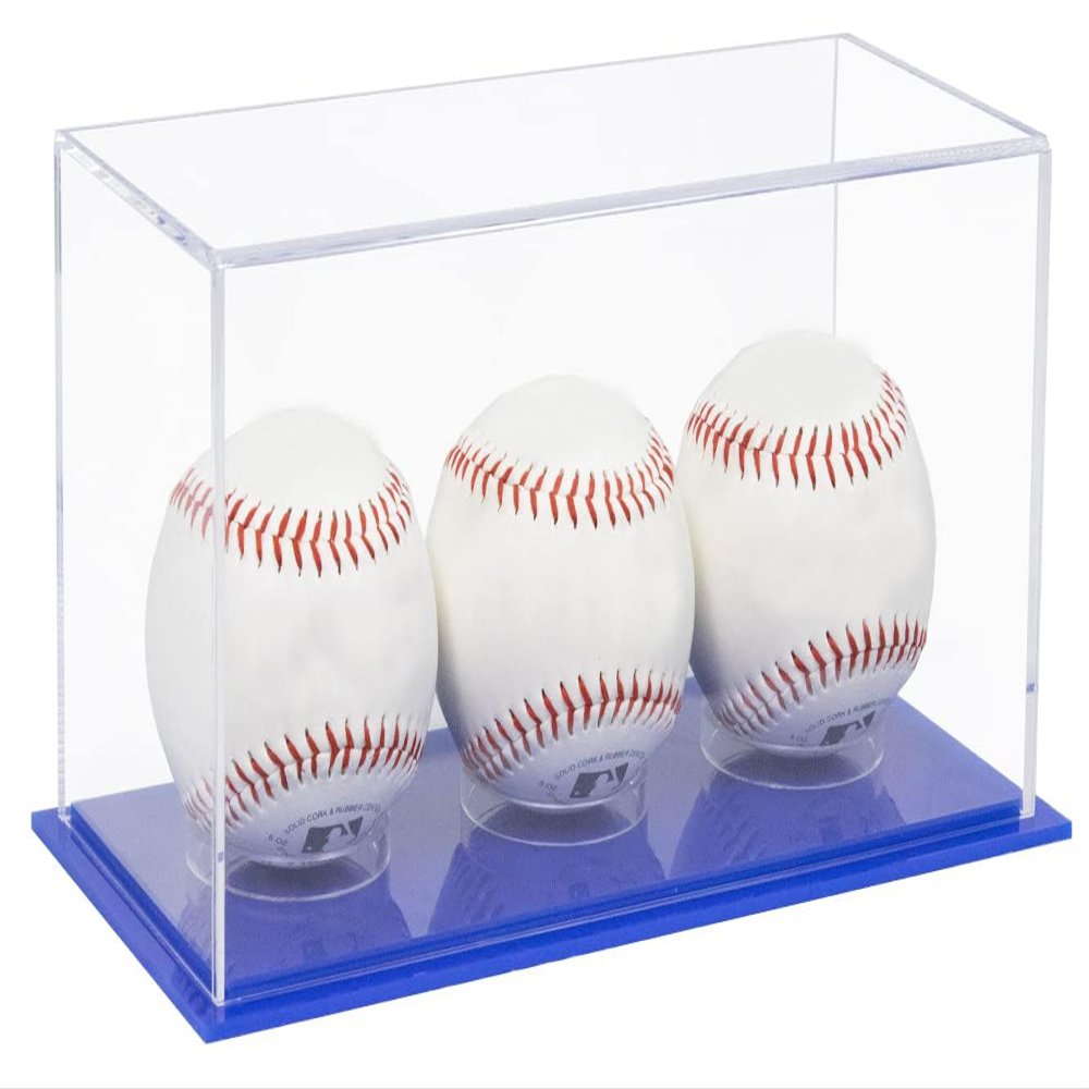 Better Display Cases Triple Baseballs or Tennis Balls Clear Acrylic Display Case with Blue Base (V62/A115)