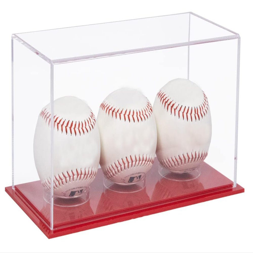 Better Display Cases Triple Baseballs or Tennis Balls Clear Acrylic Display Case with Red Base (V62/A115)