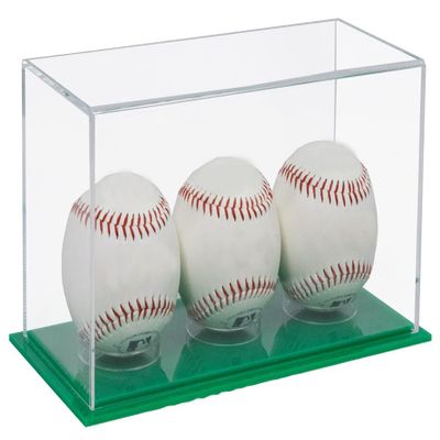 Better Display Cases Triple Baseballs or Tennis Balls Clear Acrylic Display Case with Green Base (V62/A115)