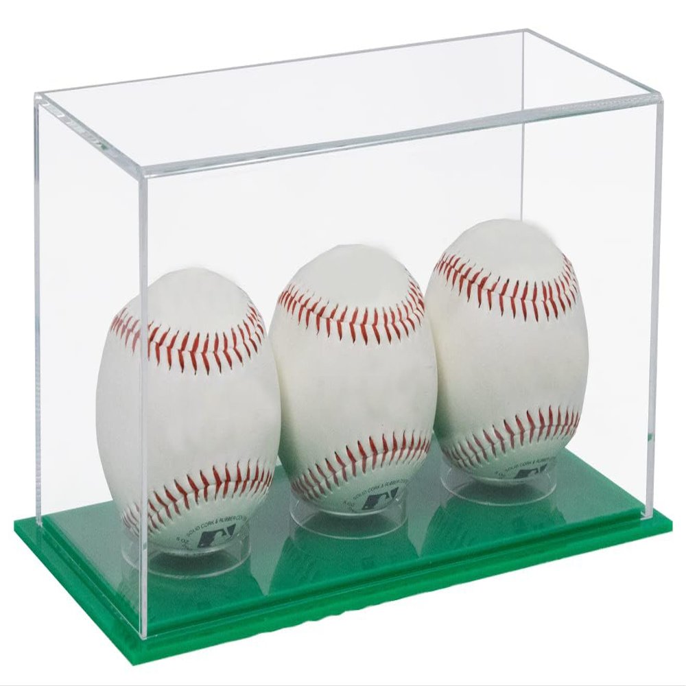 Better Display Cases Triple Baseballs or Tennis Balls Clear Acrylic Display Case with Green Base (V62/A115)