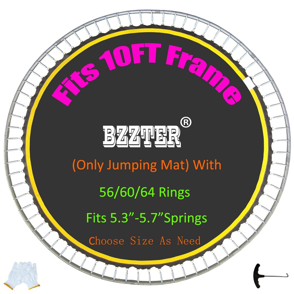 Bzzter Trampoline Replacement Mat 10ftTrampoline Mat Fit 10ft Frame with 60 Rings 102.8 Inch Diam Match 5.3-5.7 Inch Spring, Without Frame and Springs(Only Trampoline Mat), w/Spring Tool and Gloves
