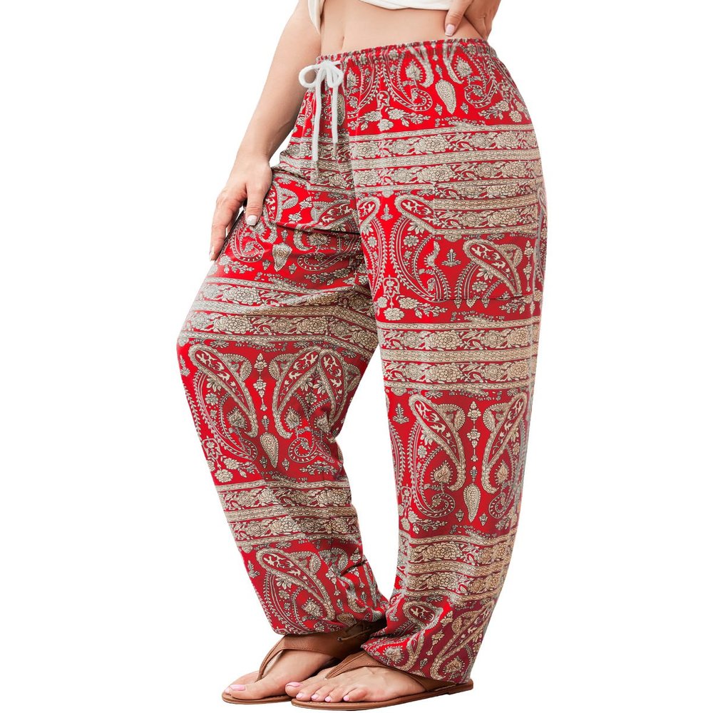 QIANXIZHAN Women's Harem Pants, Hippie Palazzo Pants Boho Joggers Yoga Clothes with Pockets Red Flower XL