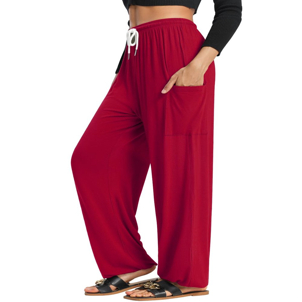 QIANXIZHAN Women's Harem Pants, Hippie Palazzo Pants Boho Joggers Yoga Clothes with Pockets Red XL
