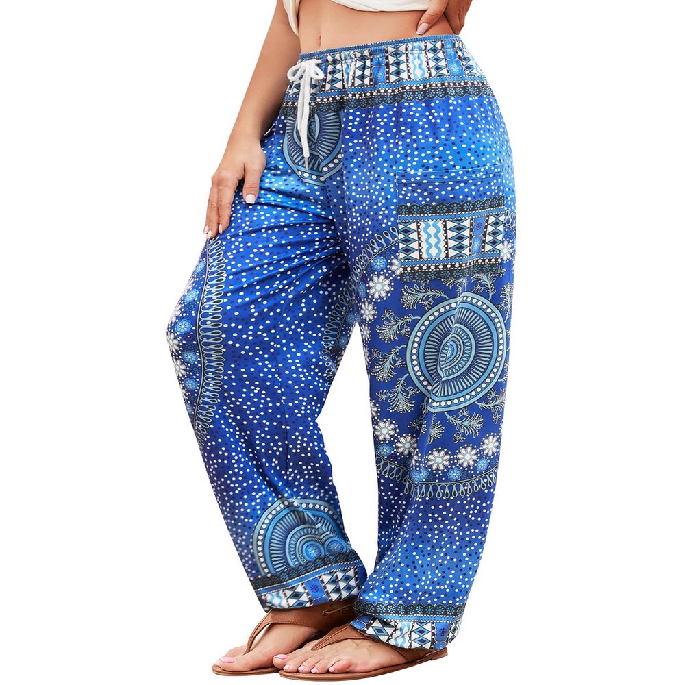 QIANXIZHAN Women's Harem Pants, Hippie Palazzo Pants Boho Joggers Yoga Clothes with Pockets Blue Circle S