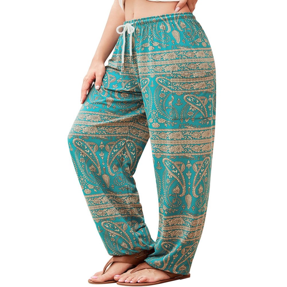QIANXIZHAN Women's Harem Pants, Hippie Palazzo Pants Boho Joggers Yoga Clothes with Pockets Cyan Flower S